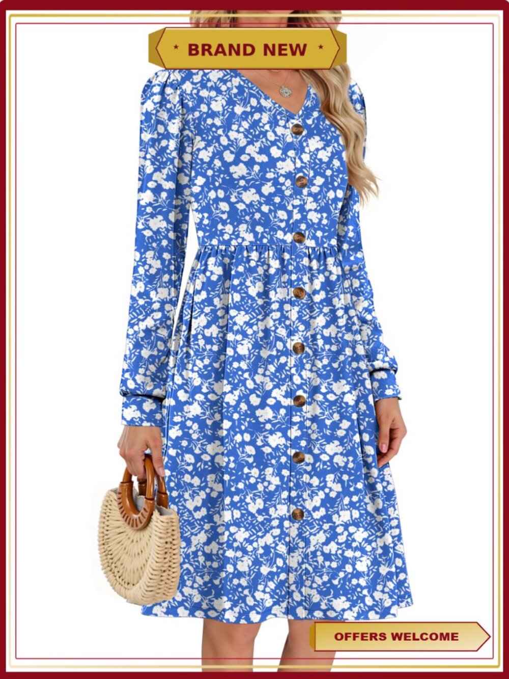 Long Sleeve V Neck Button Floral Midi Dress with Pockets - Picture 2 of 7